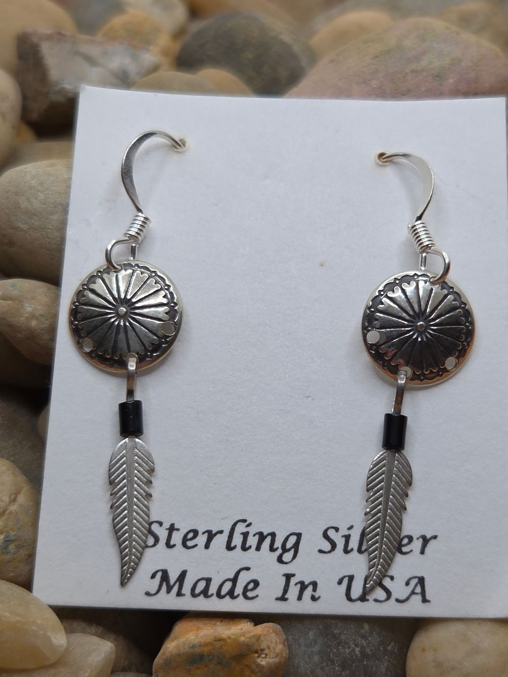 Sterling Silver Feather Drop Earrings Concho Accent Onyx Bead 925
